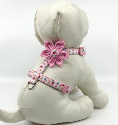 Flowers On Pink Stripes Dog Harness With Optional Flower Adjustable Pet Harness Sizes XSmall, Small, Medium - image1